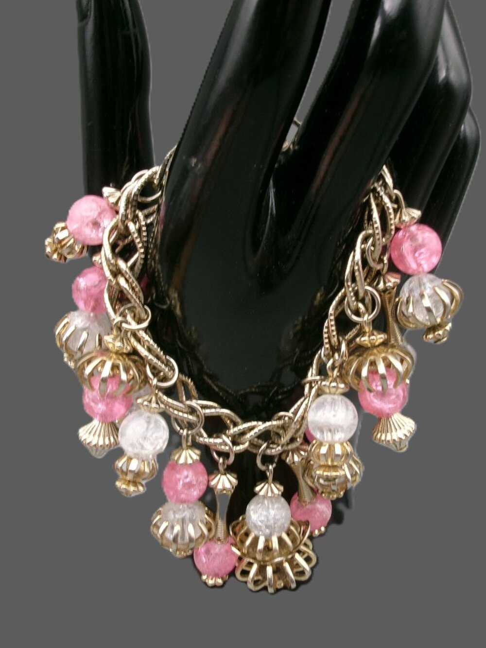 Vintage Mid-Century Pink and Clear Charm Bracelet, Gold-Capped Caged Beads